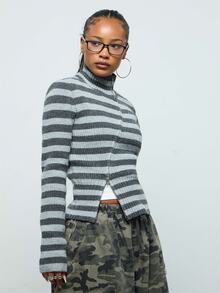 COUREZ Asymmetric Front Knit Top In Stripe /Y2K Tops For Women Fall Autumn Outfit For Women Fall Clothes Going Out Tops Cute Tops For Women  - Dark Grey - View 6