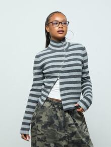 COUREZ Asymmetric Front Knit Top In Stripe /Y2K Tops For Women Fall Autumn Outfit For Women Fall Clothes Going Out Tops Cute Tops For Women  - Dark Grey - View 1