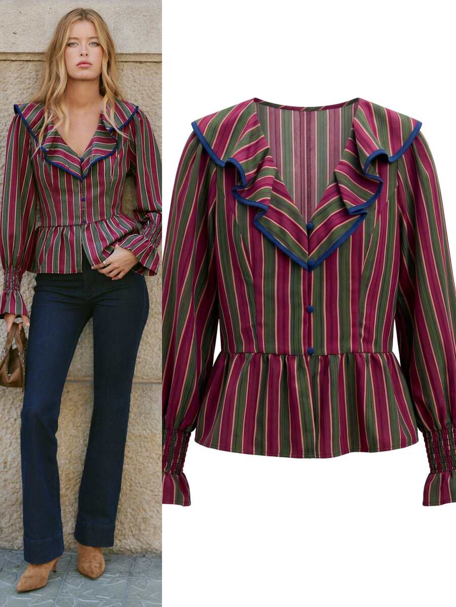 Nöista Striped Peplum Blouse With Ruffle Collar And Puff Sleeves. Fall Winter, Going Out, Elegant, Halloween, Everyday. - Green - View 1