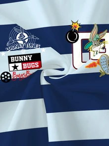 LOONEY TUNES X SHEIN 男士字母條紋印花圓領短袖休閒T恤 - 白色 - 查看 5