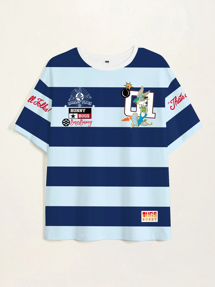 LOONEY TUNES X SHEIN 男士字母條紋印花圓領短袖休閒T恤 - 白色 - 查看 1