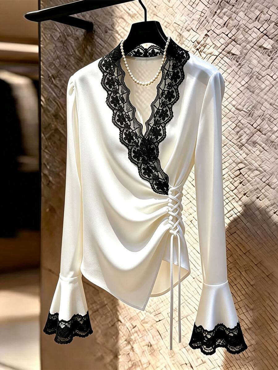 GlowEve Women's Elegant Commute Lace Patchwork Wrap Blouse - White - View 1