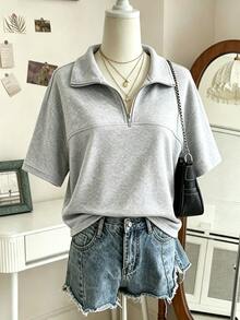 INAWLY Sweatshirt Polo Lengan Pendek dengan Kerah Tegak dan Potongan Longgar, Model Bahu Jatuh, dan Resleting Setengah, Sangat Longgar - Grey - View 4