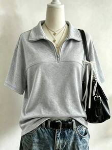 INAWLY Sweatshirt Polo Lengan Pendek dengan Kerah Tegak dan Potongan Longgar, Model Bahu Jatuh, dan Resleting Setengah, Sangat Longgar - Grey - View 1