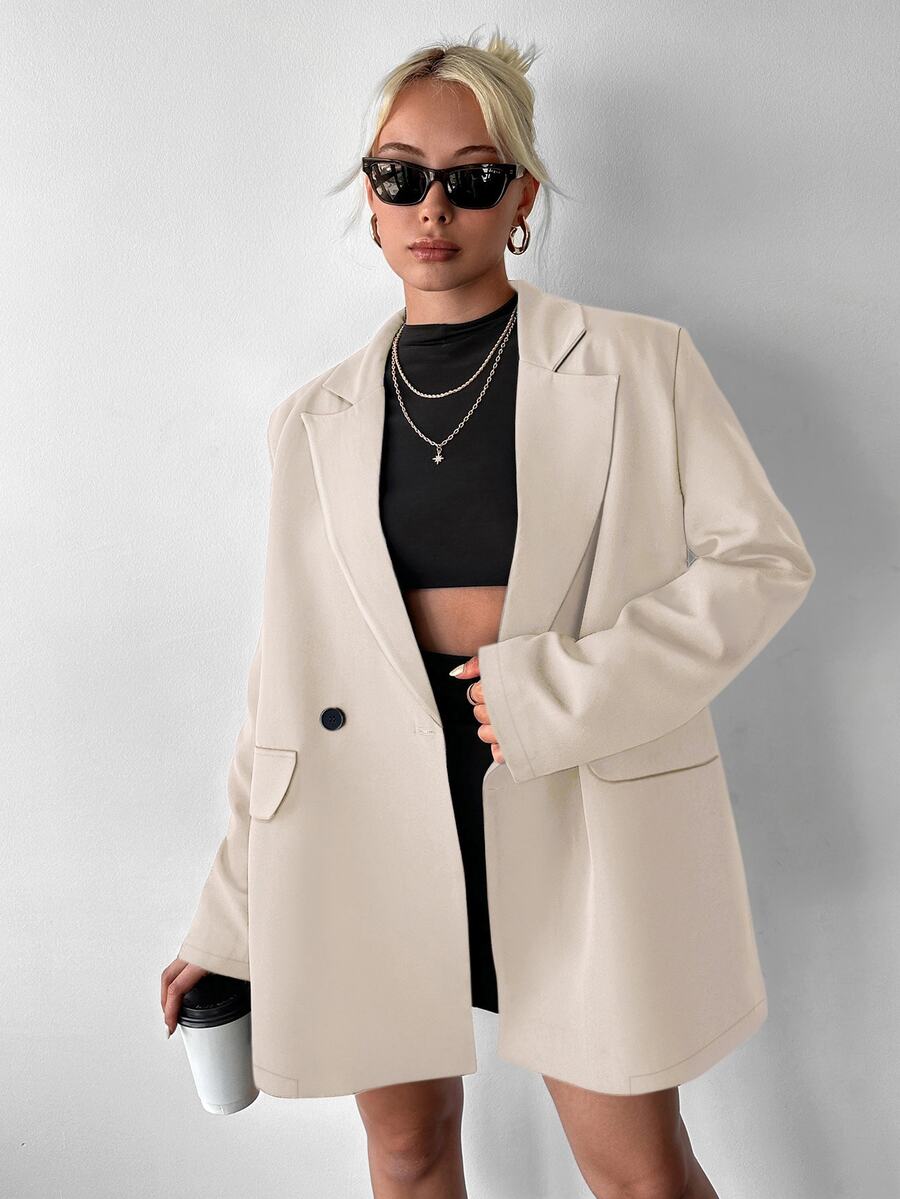 Ritzy Row 女式休闲超大垫肩中长款双排扣西装外套 - 杏色 - 查看 1