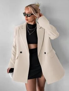 Ritzy Row 女式休闲超大垫肩中长款双排扣西装外套 - 杏色 - 查看 7