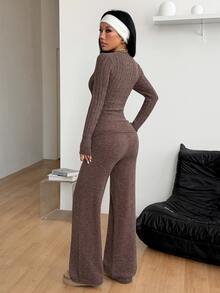 Coolane Women's Fall Comfortable Warm Basic /Winter Elegant Casual Chic Cozy Brown Ribbed Knit V-Neck Slim Fit Crop Top Wide Leg Flare Pants Sweater Set 2pcs - Brown - View 7