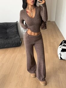 Coolane Women's Fall Comfortable Warm Basic /Winter Elegant Casual Chic Cozy Brown Ribbed Knit V-Neck Slim Fit Crop Top Wide Leg Flare Pants Sweater Set 2pcs - Brown - View 6