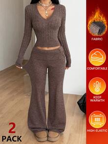 Coolane Women's Fall Comfortable Warm Basic /Winter Elegant Casual Chic Cozy Brown Ribbed Knit V-Neck Slim Fit Crop Top Wide Leg Flare Pants Sweater Set 2pcs - Brown - View 3