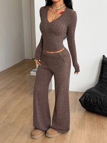 Coolane Women's Fall Comfortable Warm Basic /Winter Elegant Casual Chic Cozy Brown Ribbed Knit V-Neck Slim Fit Crop Top Wide Leg Flare Pants Sweater Set 2pcs - Brown - View 5
