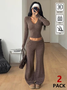 Coolane Women's Fall Comfortable Warm Basic /Winter Elegant Casual Chic Cozy Brown Ribbed Knit V-Neck Slim Fit Crop Top Wide Leg Flare Pants Sweater Set 2pcs - Brown - View 4