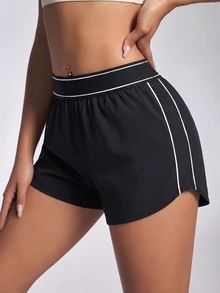 StreetHx Spring Summer Women's Sports Shorts Black Loose 2 In 1 Color Block Striped High Elastic Waistband Side Patchwork Inner Lining Pockets Running Gym - Black - View 4