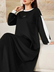 Yasmyna Spring/Autumn Crew Neck Patchwork Black & White Contrast Casual Dress - Black and White - View 6