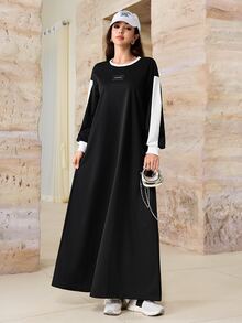 Yasmyna Spring/Autumn Crew Neck Patchwork Black & White Contrast Casual Dress - Black and White - View 3