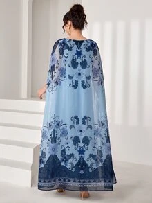 SHEIN Najma 圓領優雅印花 2 合 1 雪紡罩衫，喇叭下擺，女款土耳其長襯衫與阿拉伯傳統長襯衫 - 藏蓝色 - 查看 2
