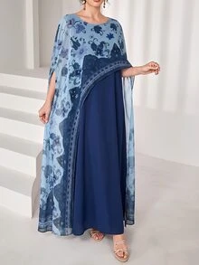 SHEIN Najma 圓領優雅印花 2 合 1 雪紡罩衫，喇叭下擺，女款土耳其長襯衫與阿拉伯傳統長襯衫 - 藏蓝色 - 查看 7