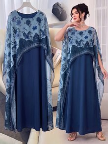 SHEIN Najma 圓領優雅印花 2 合 1 雪紡罩衫，喇叭下擺，女款土耳其長襯衫與阿拉伯傳統長襯衫 - 藏蓝色 - 查看 5