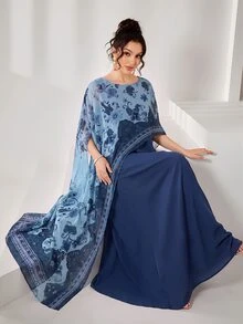 SHEIN Najma 圓領優雅印花 2 合 1 雪紡罩衫，喇叭下擺，女款土耳其長襯衫與阿拉伯傳統長襯衫 - 藏蓝色 - 查看 6