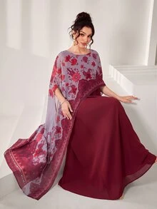 SHEIN Najma 圓領優雅印花 2 合 1 雪紡罩衫，下擺喇叭設計，女款土耳其長襯衫與阿拉伯傳統長襯衫 - 酒紅色 - 查看 5