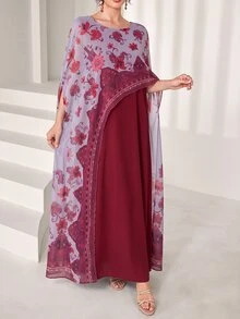 SHEIN Najma 圓領優雅印花 2 合 1 雪紡罩衫，下擺喇叭設計，女款土耳其長襯衫與阿拉伯傳統長襯衫 - 酒紅色 - 查看 4