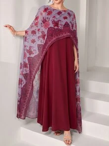 SHEIN Najma 圓領優雅印花 2 合 1 雪紡罩衫，下擺喇叭設計，女款土耳其長襯衫與阿拉伯傳統長襯衫 - 酒紅色 - 查看 7