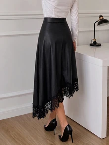 NOVVYNE Women's Mid-Length Elegant High-Waist Flowy A-Line Skirt With Asymmetric Lace Hem, Suitable For Party, Evening, Outing, Vintage, Vacation, Autumn And Spring - Black - View 2