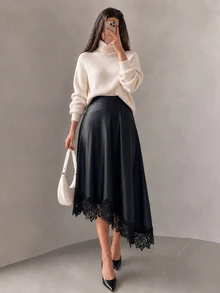 NOVVYNE Women's Mid-Length Elegant High-Waist Flowy A-Line Skirt With Asymmetric Lace Hem, Suitable For Party, Evening, Outing, Vintage, Vacation, Autumn And Spring - Black - View 3