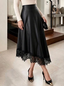 NOVVYNE Women's Mid-Length Elegant High-Waist Flowy A-Line Skirt With Asymmetric Lace Hem, Suitable For Party, Evening, Outing, Vintage, Vacation, Autumn And Spring - Black - View 1