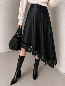 NOVVYNE Women's Mid-Length Elegant High-Waist Flowy A-Line Skirt With Asymmetric Lace Hem, Suitable For Party, Evening, Outing, Vintage, Vacation, Autumn And Spring - Black - View 6