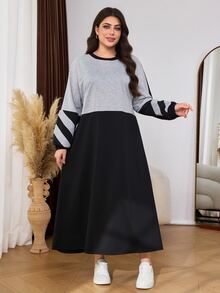 Lacomfia Autumn Long Sleeve Colorblock Cuff & Collar Patchwork Ribbed Loose Lazy Casual Minimalist Home Wear Plus Size Women's Sweatshirt Dress - Multicolor - View 3