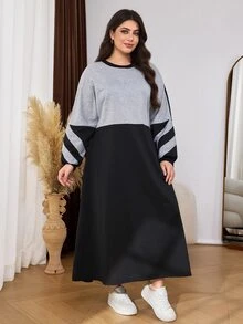 Lacomfia Autumn Long Sleeve Colorblock Cuff & Collar Patchwork Ribbed Loose Lazy Casual Minimalist Home Wear Plus Size Women's Sweatshirt Dress - Multicolor - View 5