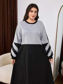 Lacomfia Autumn Long Sleeve Colorblock Cuff & Collar Patchwork Ribbed Loose Lazy Casual Minimalist Home Wear Plus Size Women's Sweatshirt Dress - Multicolor - View 1