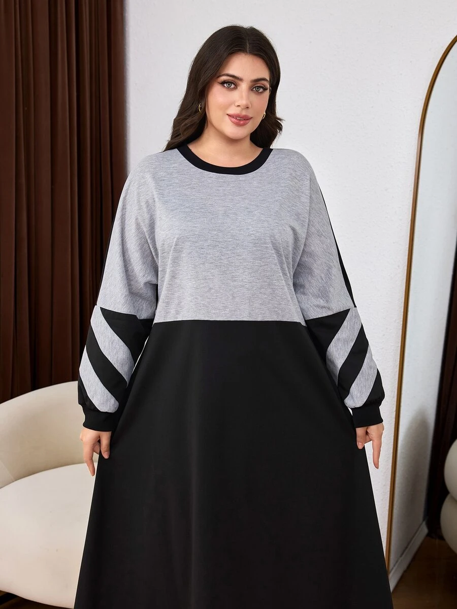 Lacomfia Autumn Long Sleeve Colorblock Cuff & Collar Patchwork Ribbed Loose Lazy Casual Minimalist Home Wear Plus Size Women's Sweatshirt Dress - Multicolor - View 1