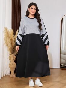 Lacomfia Autumn Long Sleeve Colorblock Cuff & Collar Patchwork Ribbed Loose Lazy Casual Minimalist Home Wear Plus Size Women's Sweatshirt Dress - Multicolor - View 4
