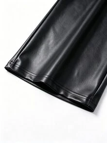 SHEIN LUNE Plus Size Women's Solid Color PU Leather Casual Versatile Daily Wear Long Pants - Black - View 7