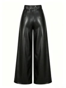 SHEIN LUNE Plus Size Women's Solid Color PU Leather Casual Versatile Daily Wear Long Pants - Black - View 2