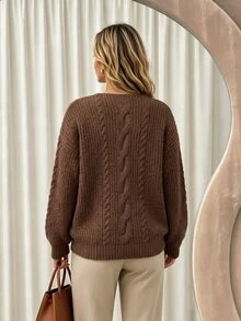Vionelle Plus Size Women's Fashion Minimalist Casual Twisted Rope Cable Knit Hollow V-Neck Drop Shoulder Long Sleeve Pullover Sweater, Versatile For Commuting And Vacation, Suitable For Spring, Summer, Autumn - Brown - View 2