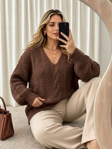 Vionelle Plus Size Women's Fashion Minimalist Casual Twisted Rope Cable Knit Hollow V-Neck Drop Shoulder Long Sleeve Pullover Sweater, Versatile For Commuting And Vacation, Suitable For Spring, Summer, Autumn - Brown - View 4