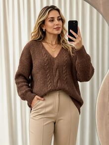 Vionelle Plus Size Women's Fashion Minimalist Casual Twisted Rope Cable Knit Hollow V-Neck Drop Shoulder Long Sleeve Pullover Sweater, Versatile For Commuting And Vacation, Suitable For Spring, Summer, Autumn - Brown - View 3