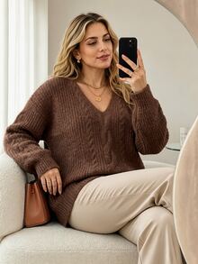 Vionelle Plus Size Women's Fashion Minimalist Casual Twisted Rope Cable Knit Hollow V-Neck Drop Shoulder Long Sleeve Pullover Sweater, Versatile For Commuting And Vacation, Suitable For Spring, Summer, Autumn - Brown - View 6