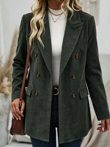 Vionelle Plus Size Vintage Baggy Smart Dark Green Corduroy Double-Breasted Blazer Women Loose Fit Casual Suit Jacket Notch Lapel Mid-Length Office Brunch Fall - Army Green - View 1
