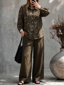 Ceyna 大尺碼女款法式休閒波希米亞優雅仿刺繡長袖襯衫與長褲套裝 正式度假風 橄欖綠深綠色 秋季 - 棕色 - 查看 1