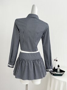 Elamini Chinese Style One-Button Lapel Long Sleeve Women Blouse Waist-Cinching Slimming Skirt Summer Two Pieces Set - Blue - View 2