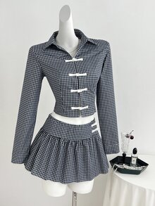 Elamini Chinese Style One-Button Lapel Long Sleeve Women Blouse Waist-Cinching Slimming Skirt Summer Two Pieces Set - Blue - View 3