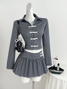 Elamini Chinese Style One-Button Lapel Long Sleeve Women Blouse Waist-Cinching Slimming Skirt Summer Two Pieces Set - Blue - View 6