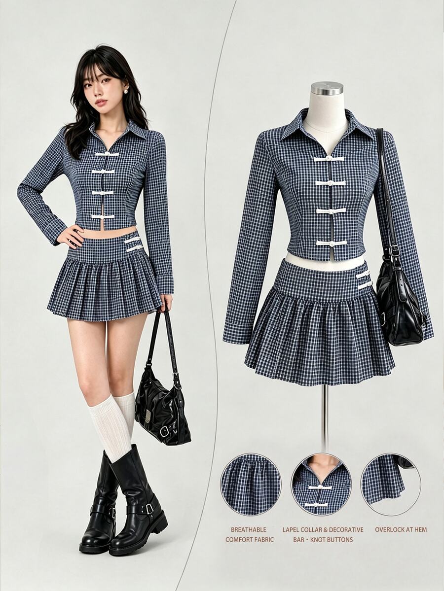 Elamini Chinese Style One-Button Lapel Long Sleeve Women Blouse Waist-Cinching Slimming Skirt Summer Two Pieces Set - Blue - View 1