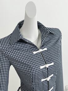 Elamini Chinese Style One-Button Lapel Long Sleeve Women Blouse Waist-Cinching Slimming Skirt Summer Two Pieces Set - Blue - View 7