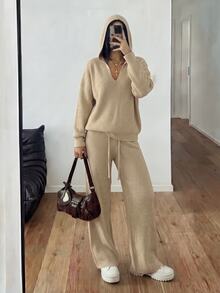 StreetHx Setelan Sweater Berkerudung 2 Potong untuk Wanita, Serbaguna, Kasual, untuk Perjalanan Sehari-hari, Gaya Jalanan, Musim Gugur/Dingin - Khaki - View 6