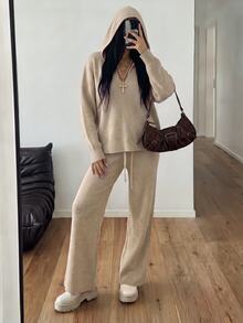 StreetHx Setelan Sweater Berkerudung 2 Potong untuk Wanita, Serbaguna, Kasual, untuk Perjalanan Sehari-hari, Gaya Jalanan, Musim Gugur/Dingin - Khaki - View 4