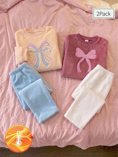SHEIN Autumn/Winter Plush Knitted Ribbed Crew Neck Bow Embroidery Pattern Design Sweet Girl Soft Cute Lively Atmosphere Long Sleeve Top And Pants Double-Sided Flannel Soft Comfortable 2 Pieces Set Pajamas Loungewear